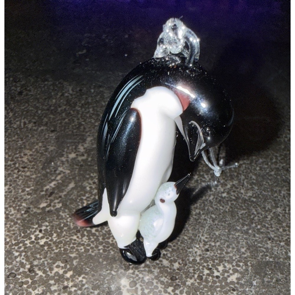Glass Blown Penguin & Cub Figurine with glass hanger. Unique  One of a Kind Cute